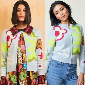 NWT Lingua Franca Delia Floral Cardigan Blue Glacier Ccashmere Sweater Sz: Large